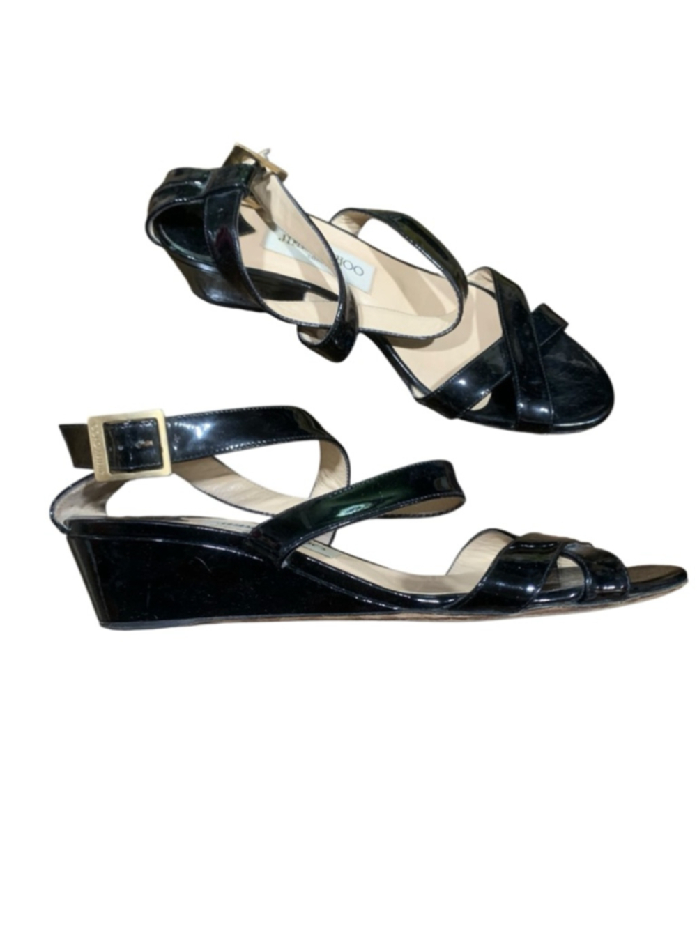 Women's Jimmy Choo Black Patent Leather Wedge Sandals 7.5 - Picture 2 of 6